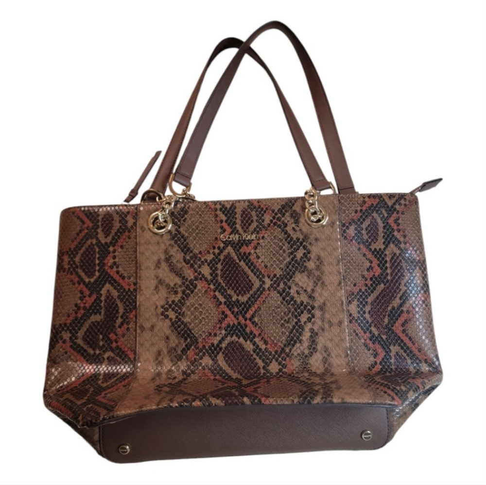 Calvin Klein Hayden Snake Print Leather Tote Double Strap, Walnut NWT From Macys